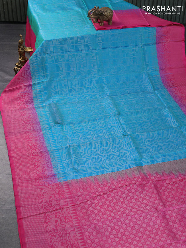 Pure soft silk saree dual shade of cs blue and pink with allover silver zari woven brocade weaves and silver zari woven border