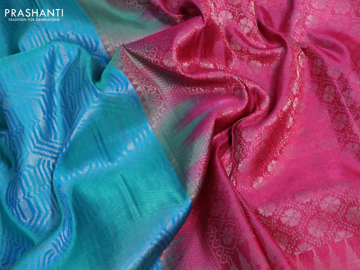 Pure soft silk saree dual shade of cs blue and pink with allover silver zari woven brocade weaves and silver zari woven border