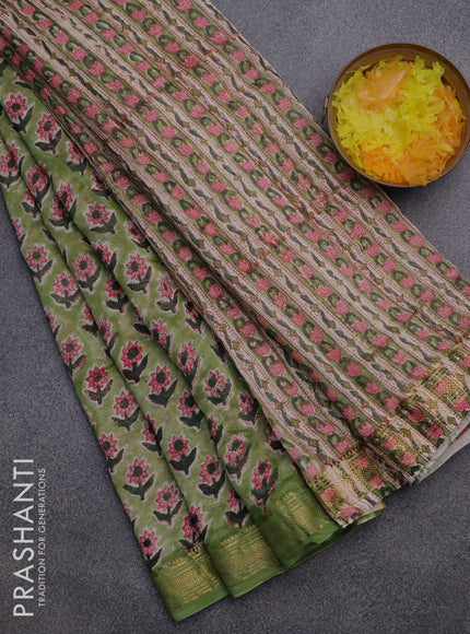 Chanderi bagru saree green with allover butta prints and zari woven maheswari border