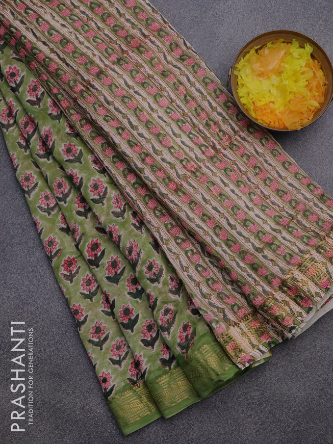 Chanderi bagru saree green with allover butta prints and zari woven maheswari border