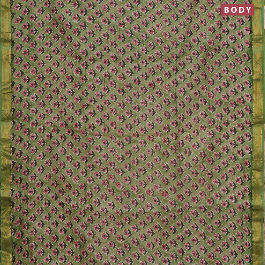 Chanderi bagru saree green with allover butta prints and zari woven maheswari border