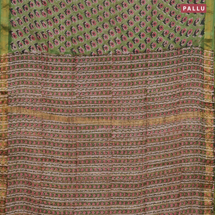 Chanderi bagru saree green with allover butta prints and zari woven maheswari border