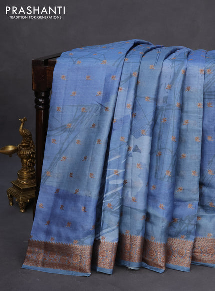 Banarasi tussar silk saree blue shade with woven buttas & allover prints and woven border