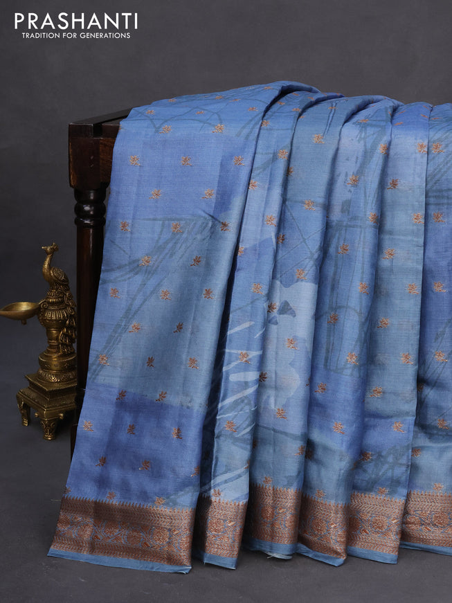 Banarasi tussar silk saree blue shade with woven buttas & allover prints and woven border