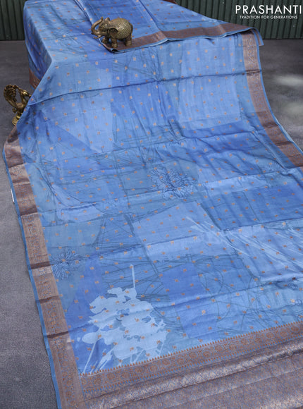 Banarasi tussar silk saree blue shade with woven buttas & allover prints and woven border