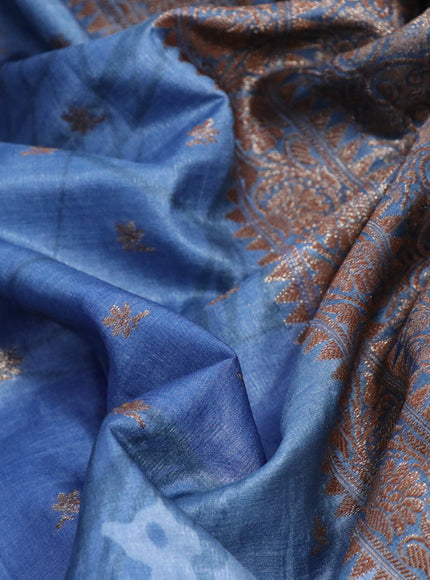 Banarasi tussar silk saree blue shade with woven buttas & allover prints and woven border