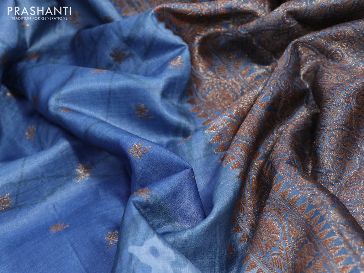 Banarasi tussar silk saree blue shade with woven buttas & allover prints and woven border