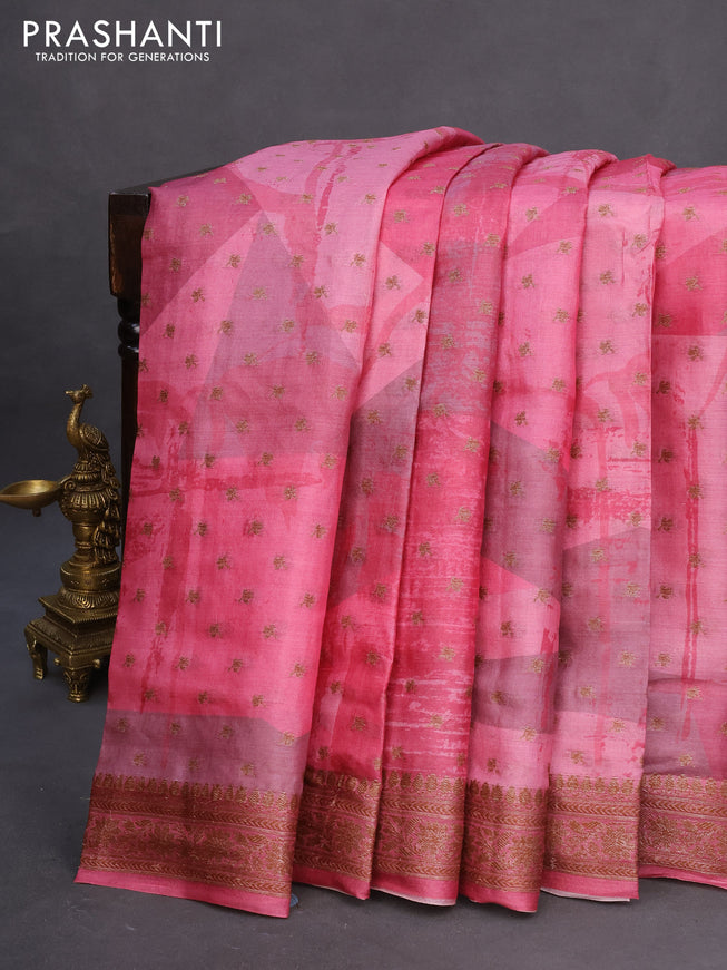 Banarasi tussar silk saree pink shade with woven buttas & allover prints and woven border