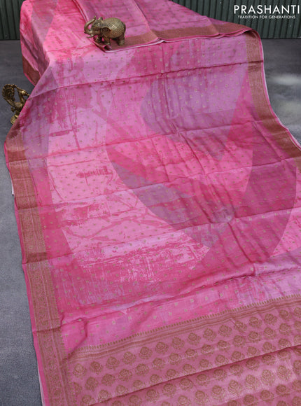 Banarasi tussar silk saree pink shade with woven buttas & allover prints and woven border