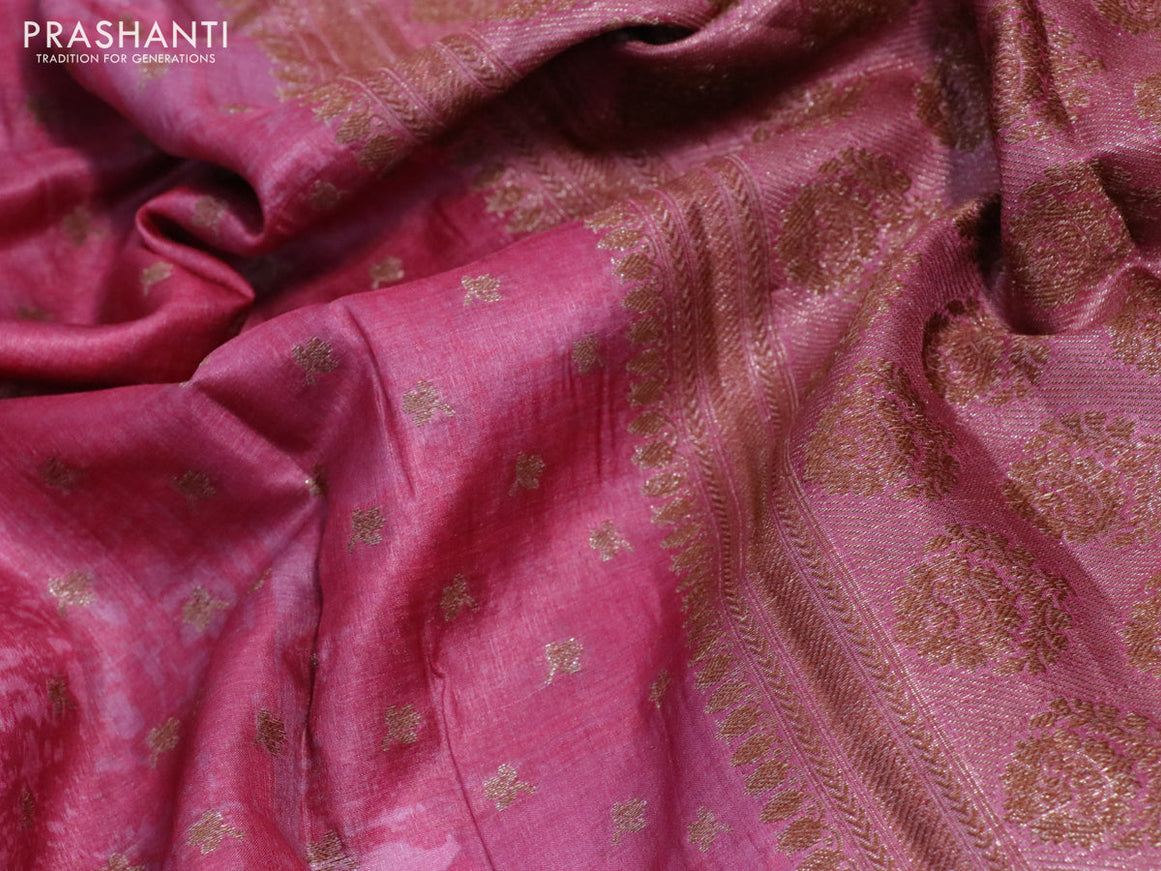 Banarasi tussar silk saree pink shade with woven buttas & allover prints and woven border