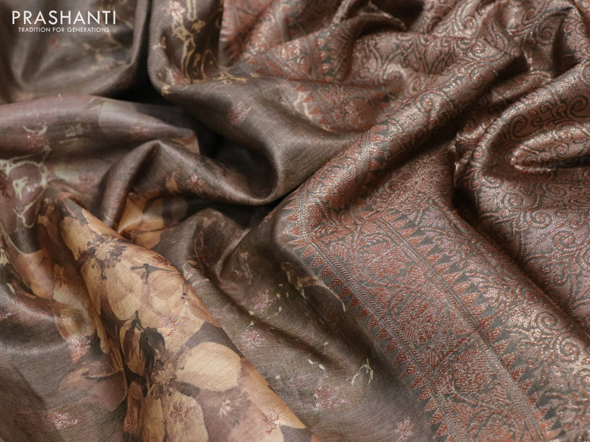 Banarasi tussar silk saree brown shade with woven buttas & allover prints and woven border