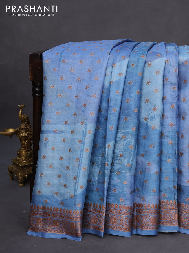 Banarasi tussar silk saree blue shade with woven buttas & allover prints and woven border