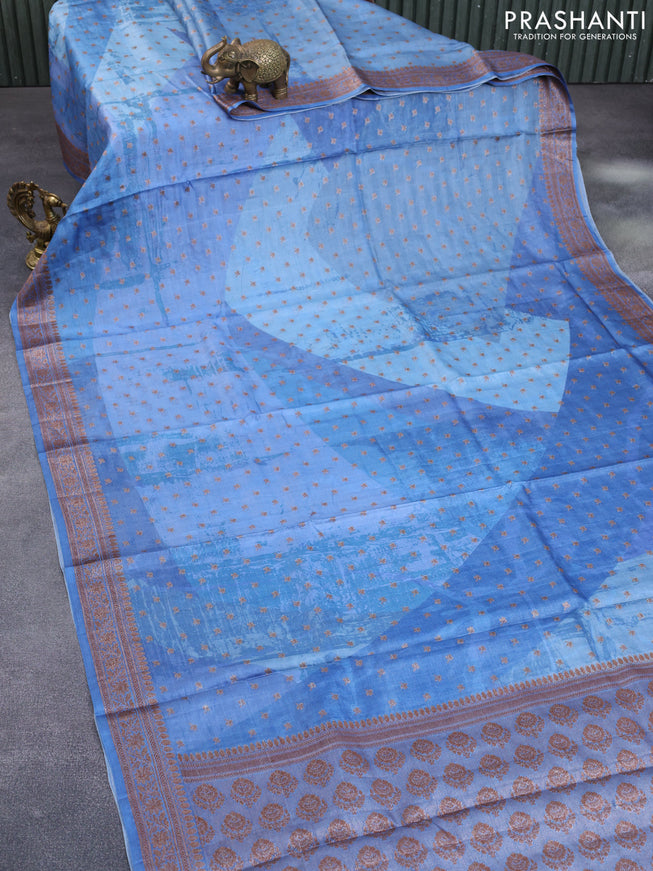 Banarasi tussar silk saree blue shade with woven buttas & allover prints and woven border