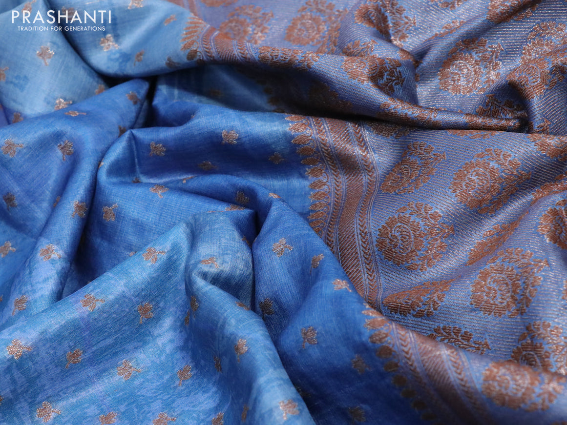 Banarasi tussar silk saree blue shade with woven buttas & allover prints and woven border