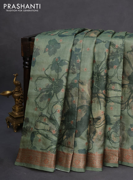 Banarasi tussar silk saree green shade with woven buttas & allover prints and woven border