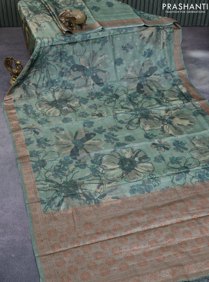 Banarasi tussar silk saree green shade with woven buttas & allover prints and woven border