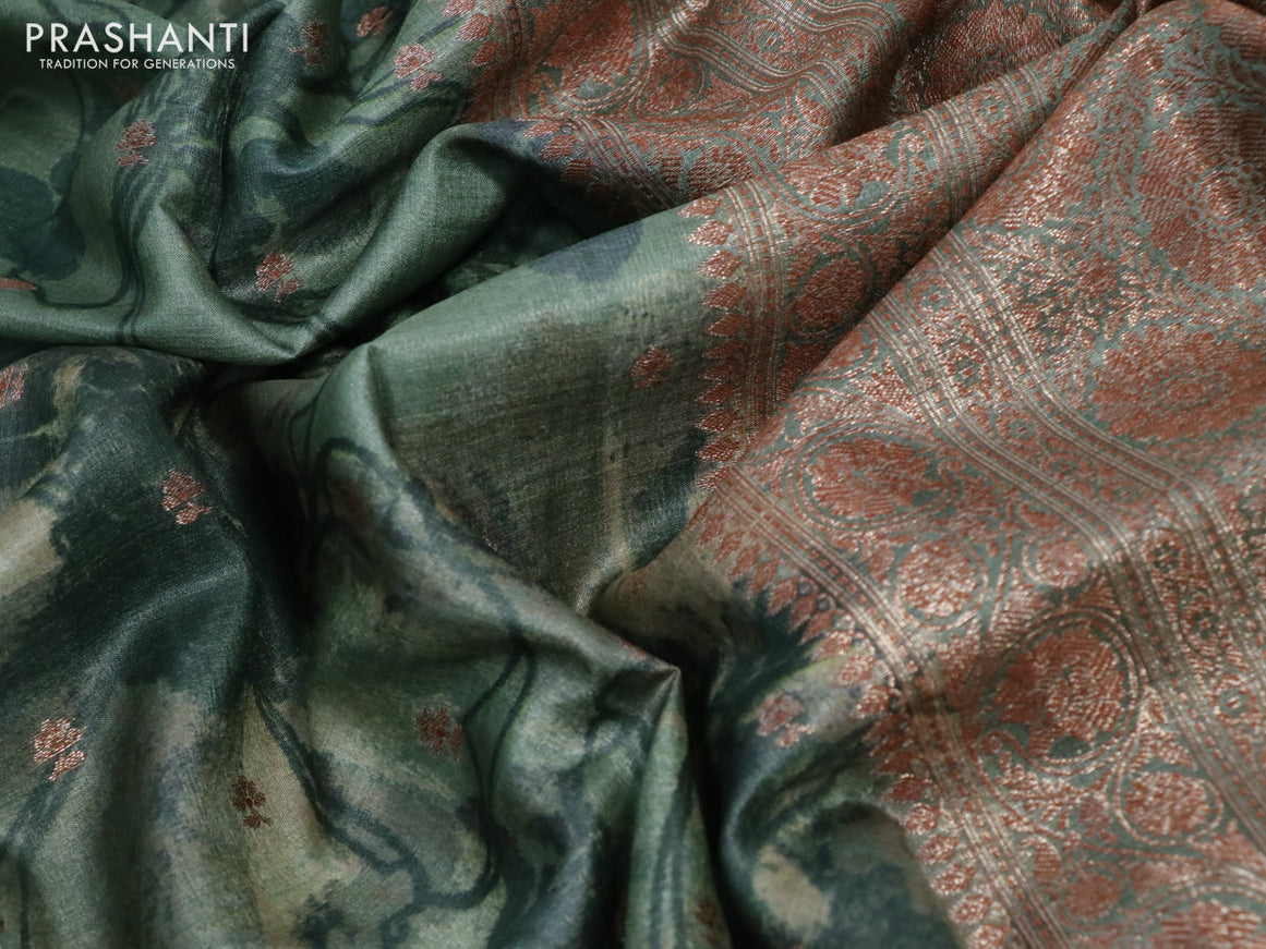 Banarasi tussar silk saree green shade with woven buttas & allover prints and woven border