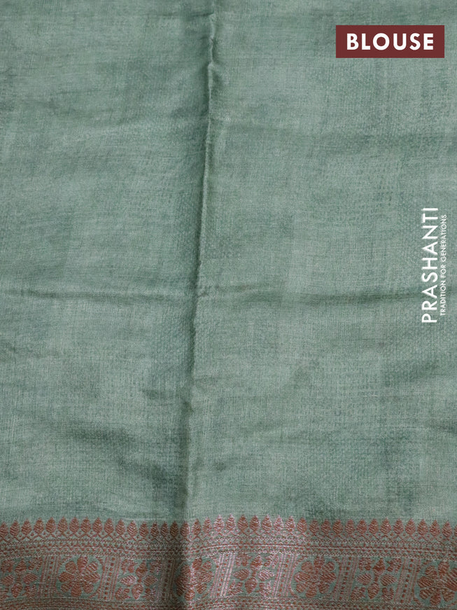 Banarasi tussar silk saree green shade with woven buttas & allover prints and woven border