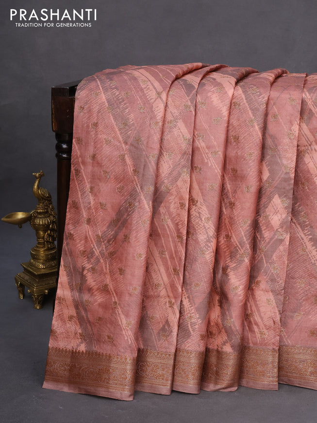 Banarasi tussar silk saree brown shade with woven buttas & allover prints and woven border