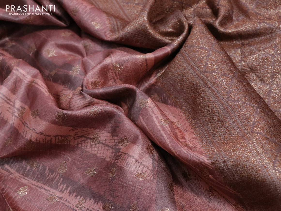 Banarasi tussar silk saree brown shade with woven buttas & allover prints and woven border