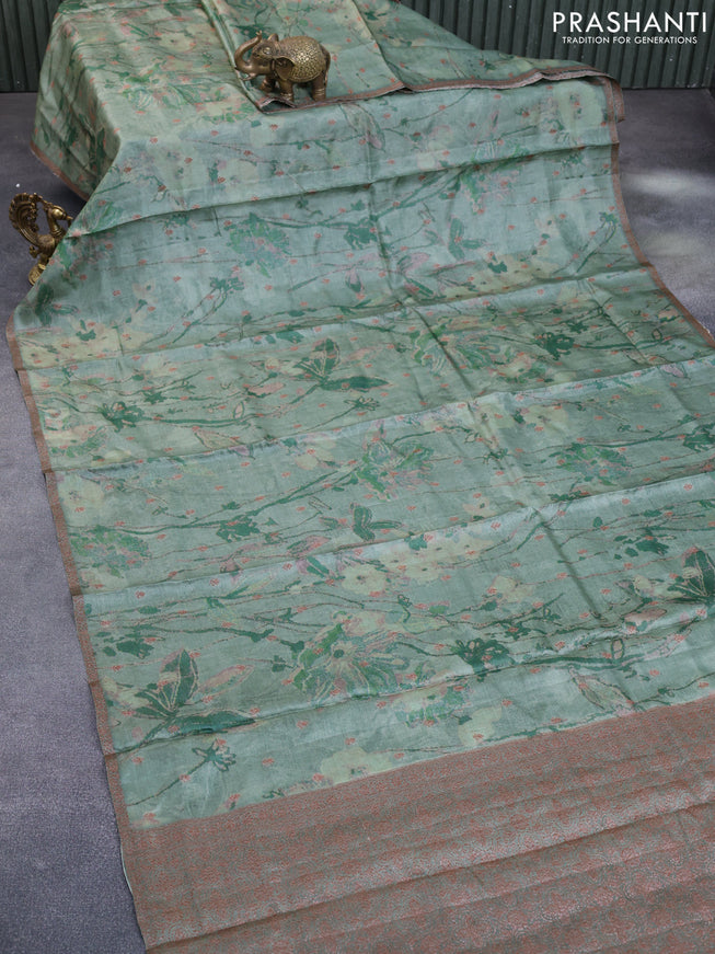 Banarasi tussar silk saree green shade with woven buttas & allover prints and woven border