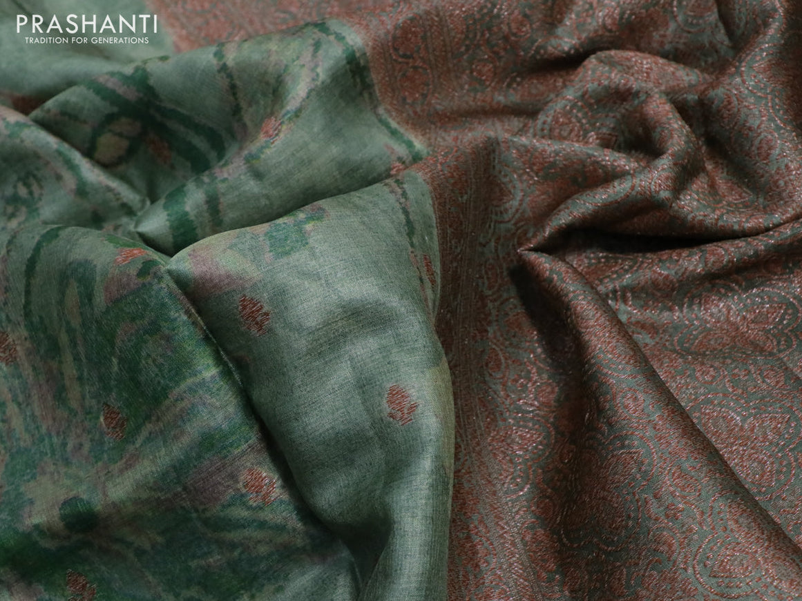 Banarasi tussar silk saree green shade with woven buttas & allover prints and woven border