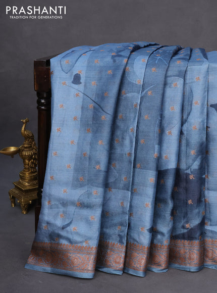 Banarasi tussar silk saree blue shade with woven buttas & allover prints and woven border