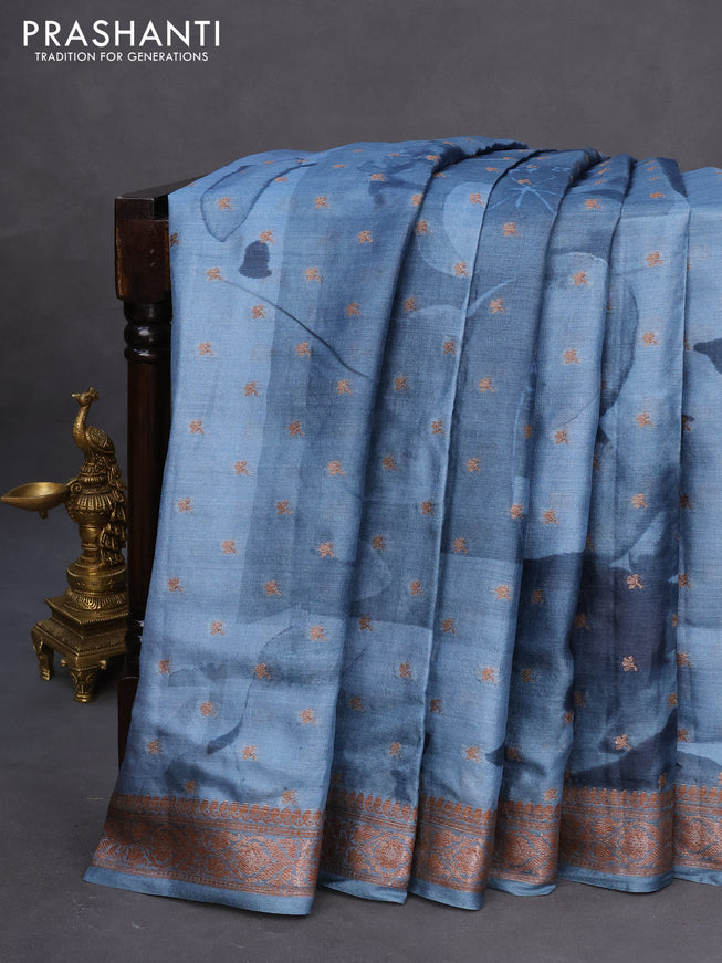 Banarasi tussar silk saree blue shade with woven buttas & allover prints and woven border