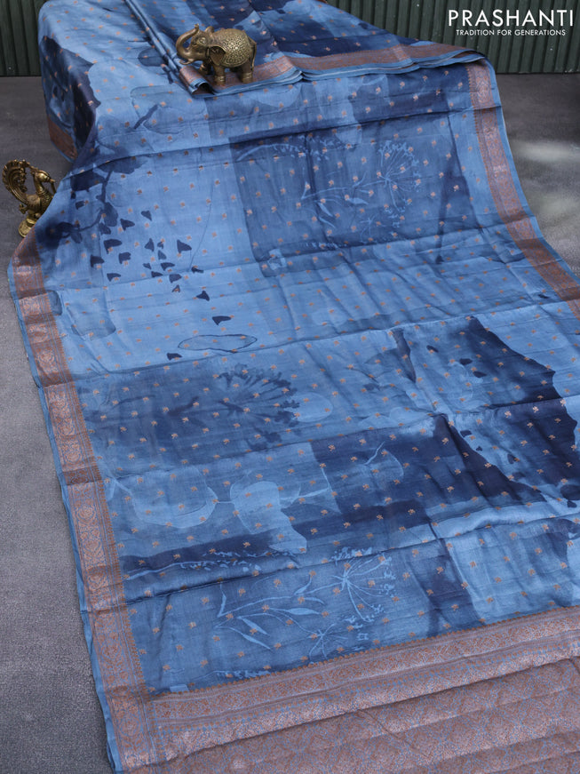 Banarasi tussar silk saree blue shade with woven buttas & allover prints and woven border