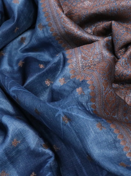 Banarasi tussar silk saree blue shade with woven buttas & allover prints and woven border