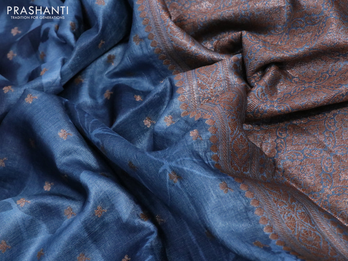 Banarasi tussar silk saree blue shade with woven buttas & allover prints and woven border