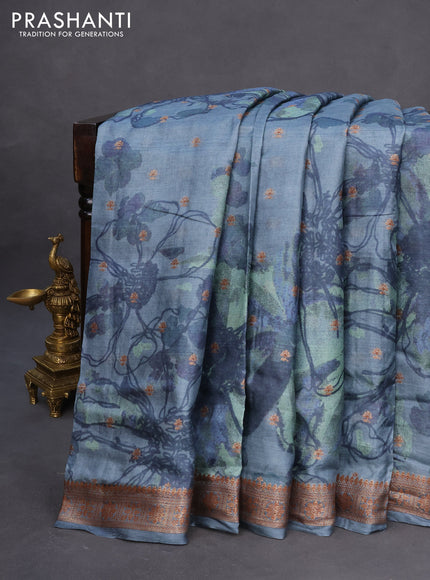 Banarasi tussar silk saree blue shade with woven buttas & allover prints and woven border