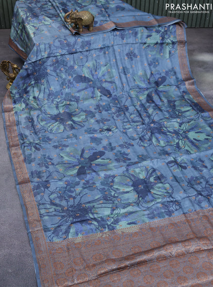 Banarasi tussar silk saree blue shade with woven buttas & allover prints and woven border