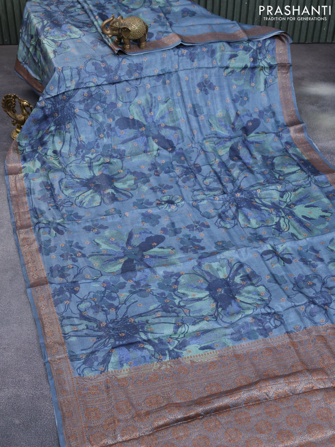 Banarasi tussar silk saree blue shade with woven buttas & allover prints and woven border