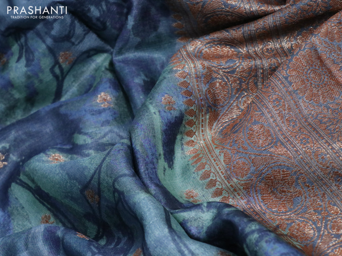 Banarasi tussar silk saree blue shade with woven buttas & allover prints and woven border