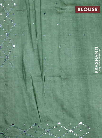 Pure tussar silk saree pastel green with allover prints & mirror work buttas and mirror work pallu