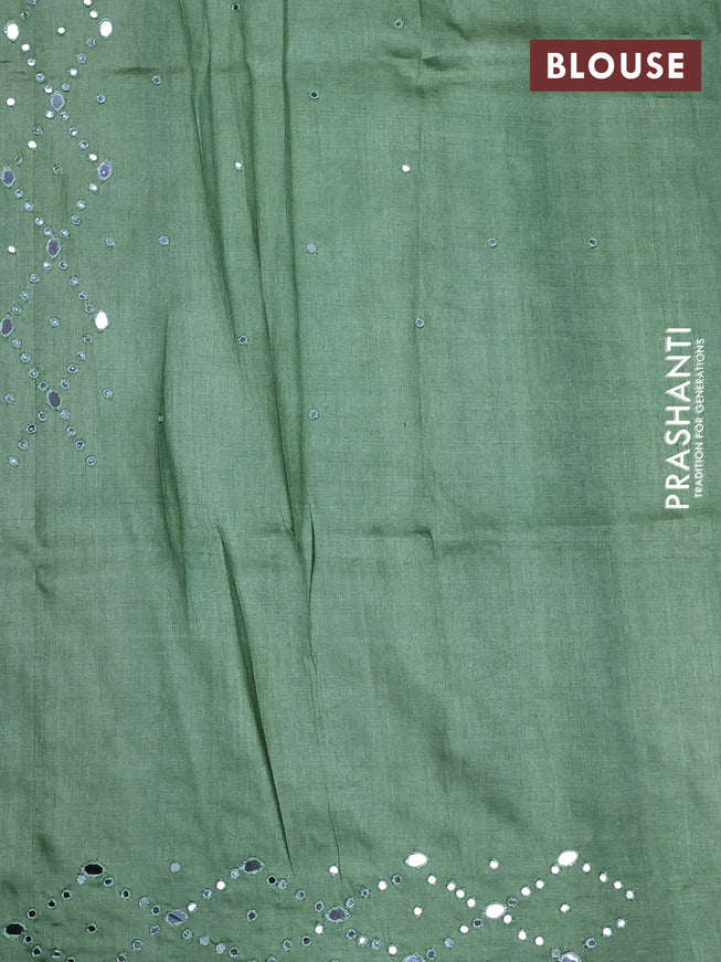 Pure tussar silk saree pastel green with allover prints & mirror work buttas and mirror work pallu