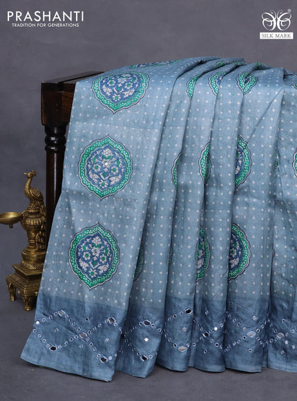 Pure tussar silk saree bluish grey with allover prints & mirror work buttas and mirror work pallu