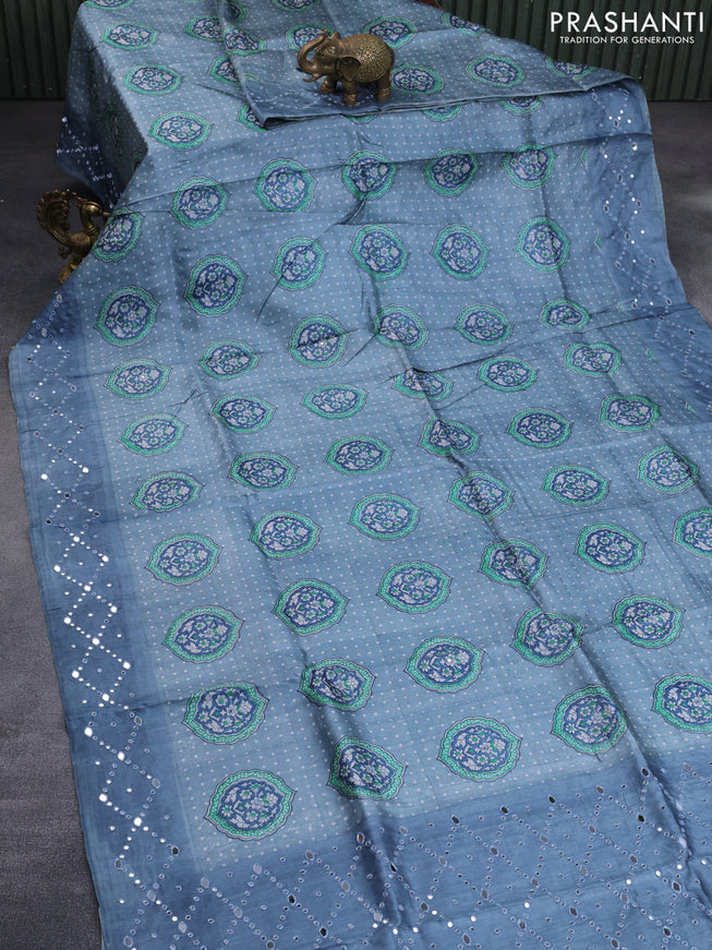 Pure tussar silk saree bluish grey with allover prints & mirror work buttas and mirror work pallu