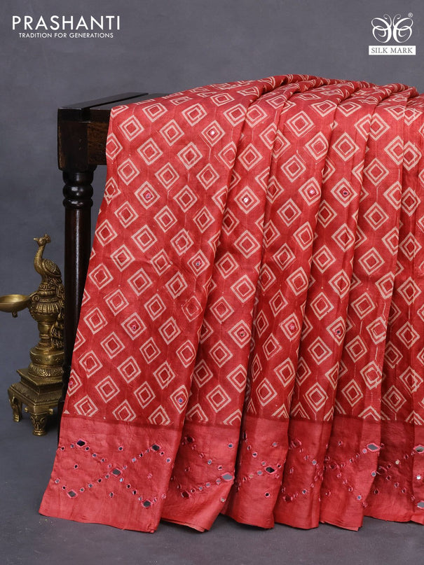 Pure tussar silk saree red with geometric prints & mirror work buttas and mirror work pallu