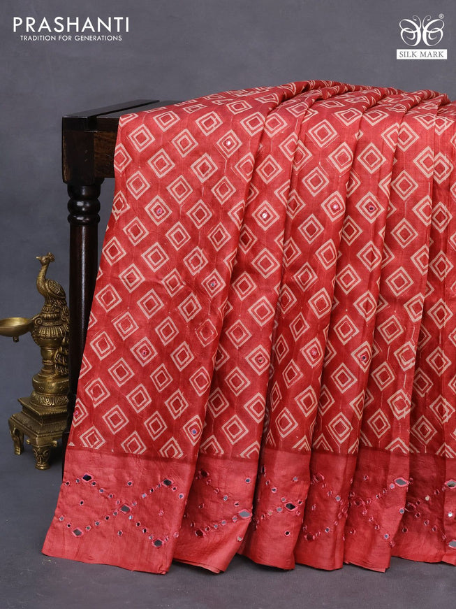 Pure tussar silk saree red with geometric prints & mirror work buttas and mirror work pallu