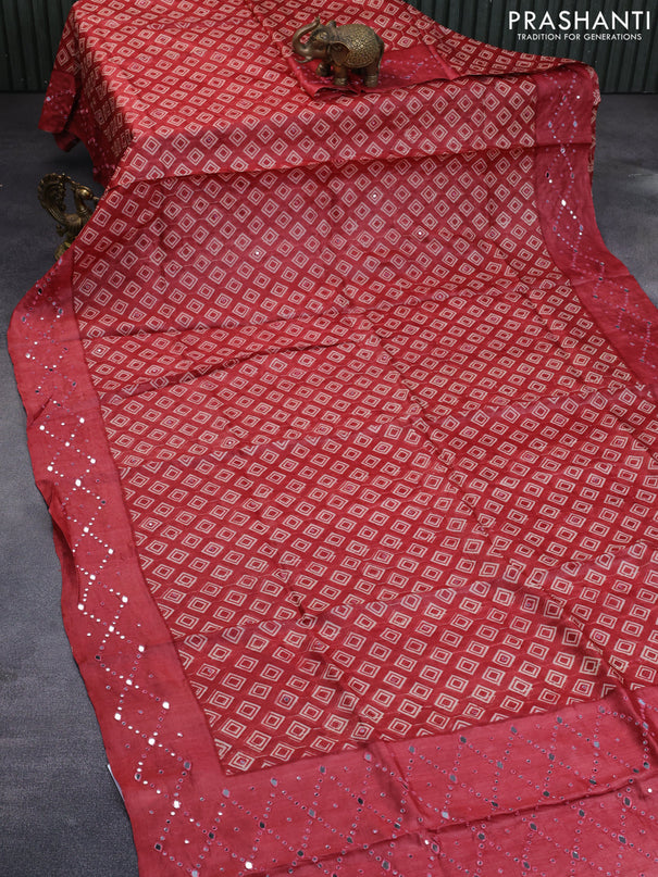 Pure tussar silk saree red with geometric prints & mirror work buttas and mirror work pallu