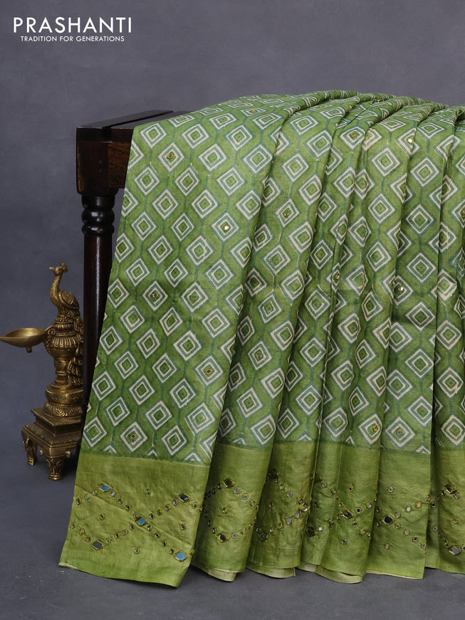 Pure tussar silk saree green and pastel green shade with geometric prints & mirror work buttas and mirror work pallu