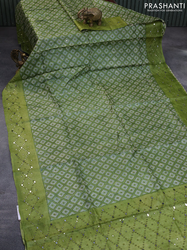 Pure tussar silk saree green and pastel green shade with geometric prints & mirror work buttas and mirror work pallu