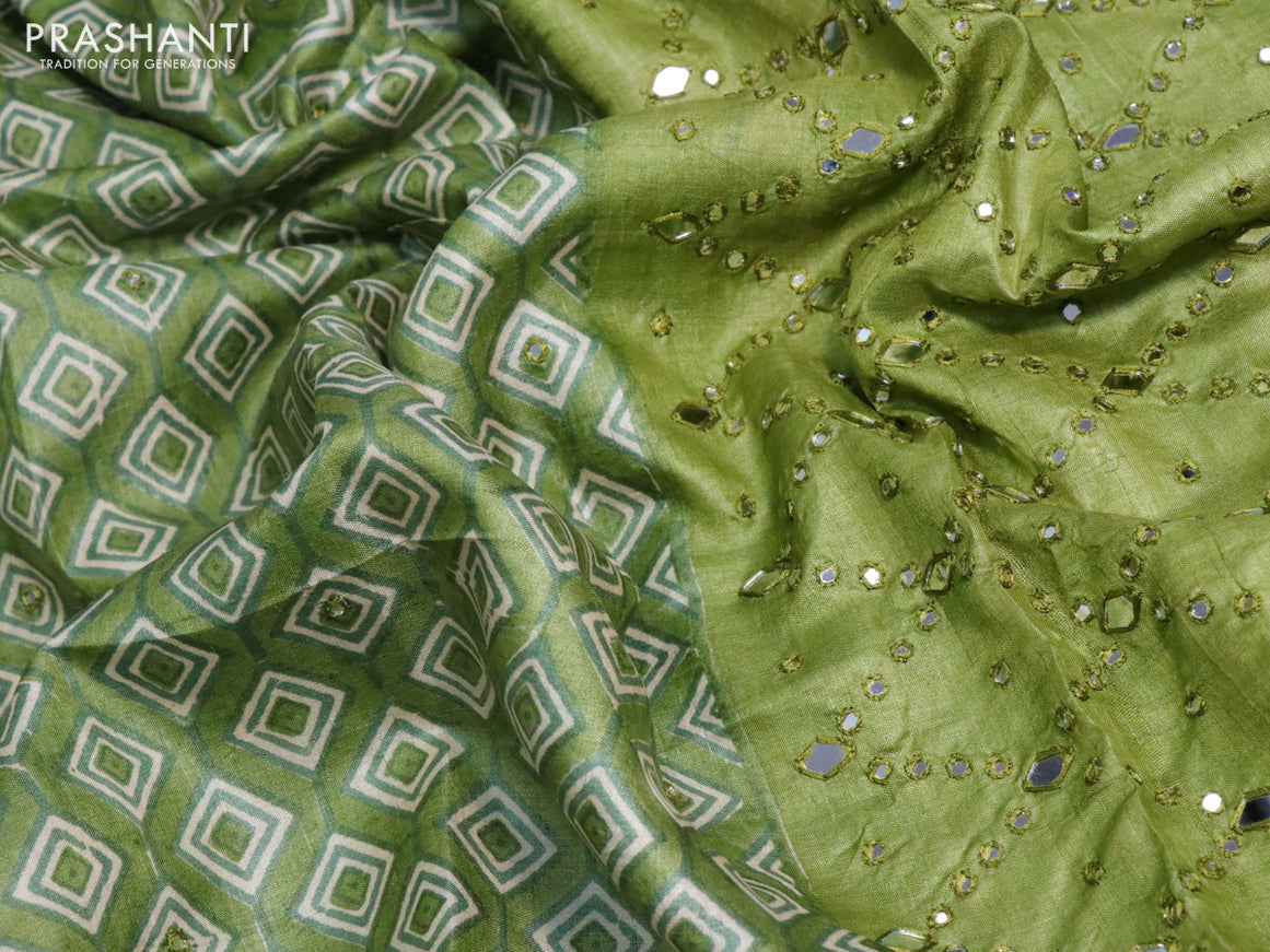 Pure tussar silk saree green and pastel green shade with geometric prints & mirror work buttas and mirror work pallu