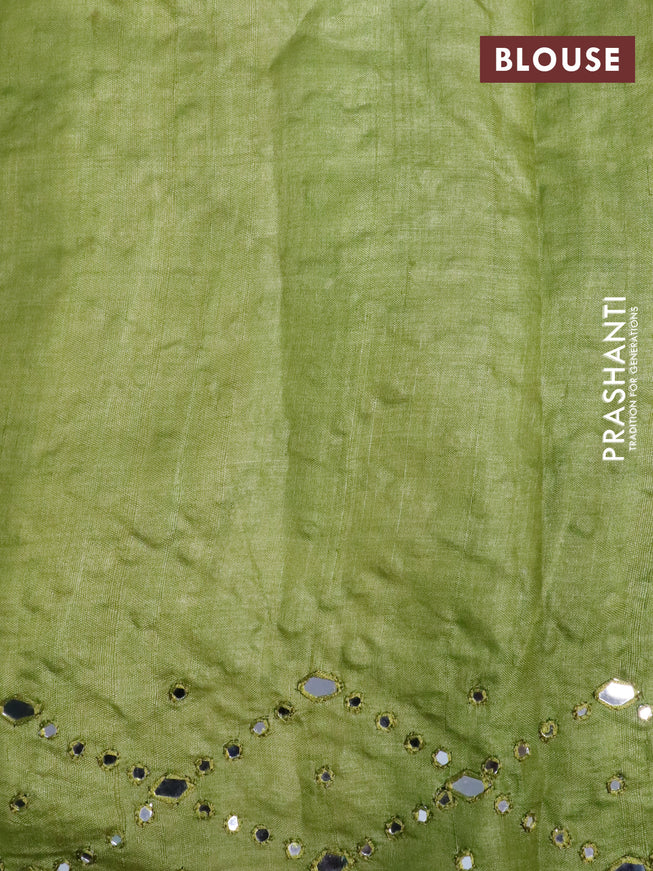 Pure tussar silk saree green and pastel green shade with geometric prints & mirror work buttas and mirror work pallu