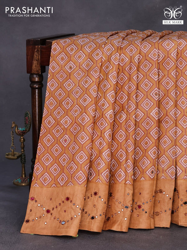 Pure tussar silk saree mustard shade with printed body & mirror work buttas and mirror work pallu