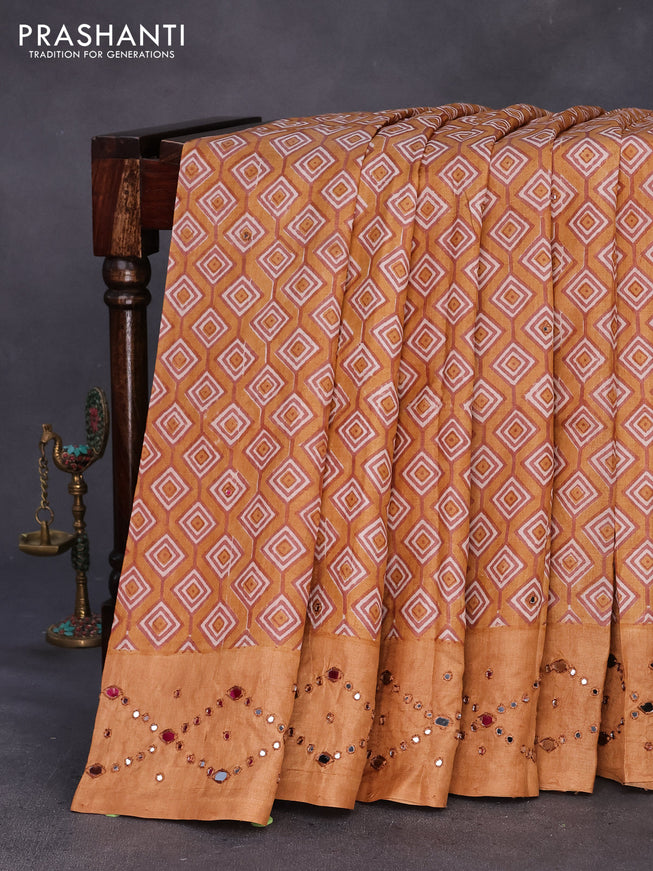 Pure tussar silk saree mustard shade with printed body & mirror work buttas and mirror work pallu