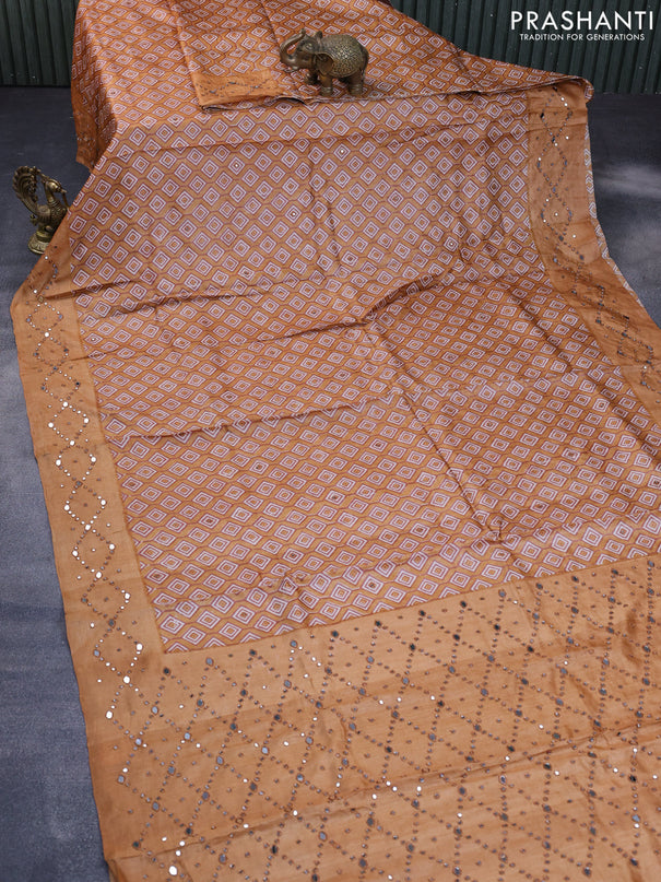 Pure tussar silk saree mustard shade with printed body & mirror work buttas and mirror work pallu