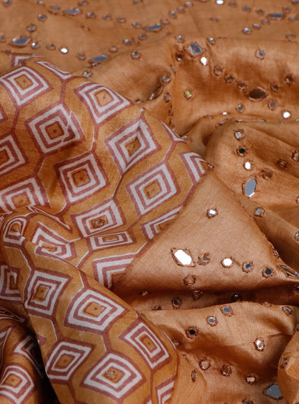 Pure tussar silk saree mustard shade with printed body & mirror work buttas and mirror work pallu